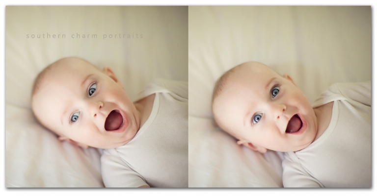 natural light lifestyle photographer in knoxville tennessee sweet blue eyed baby smiling in white onesie