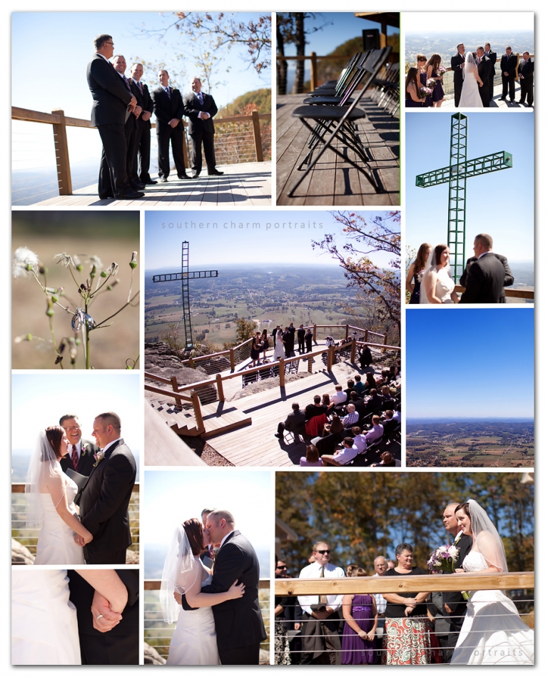 a beautiful view, blue skies, sunny noon mid-day wedding, cross in the background