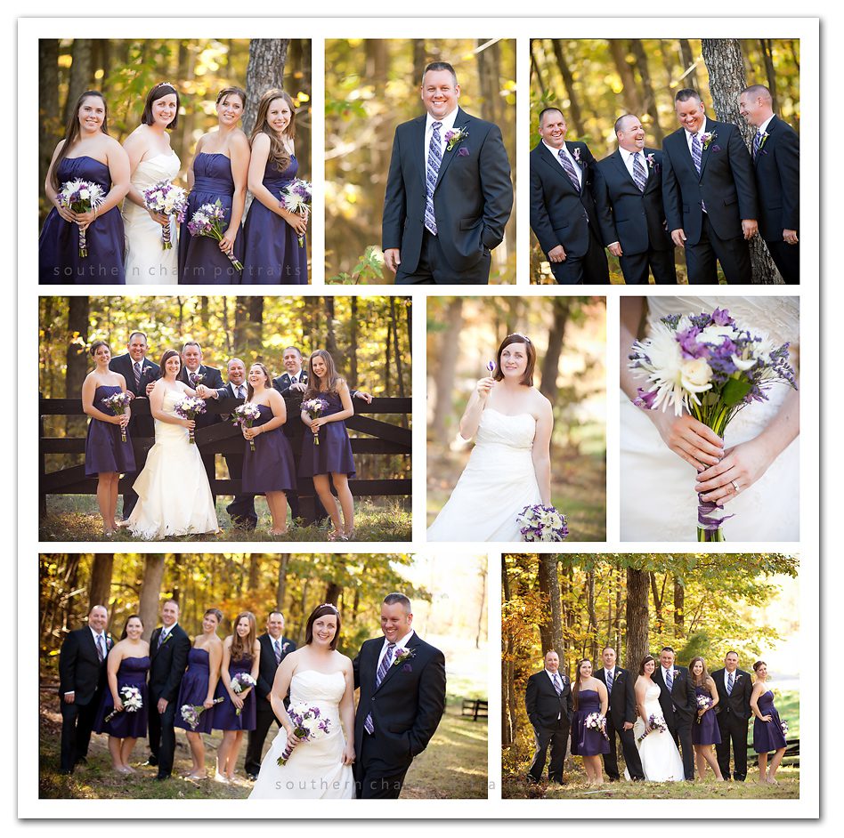 beautiful wedding party purple flowers and bridesmaid dresses and lollipops in a field with fence