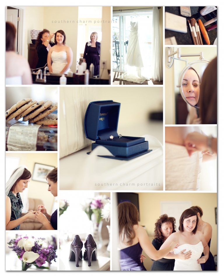bridesmaids putting on makeup and fixing hair, lots of pretty details like flowers, shoes, wedding dress, make up, and chocolate chip cookies!