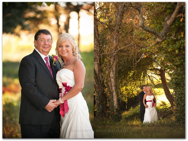 bride and groom post wedding ceremony with evening sun front and back lighting