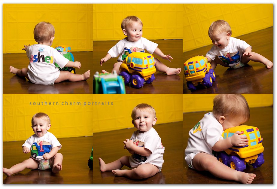 baby's one year portraits with big cars and trucks