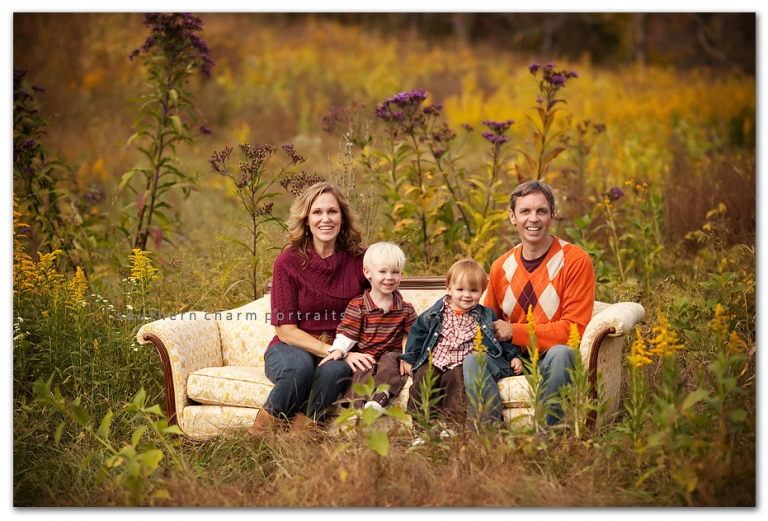 family portrait in fall sweaters and tones burgandy orange and brown