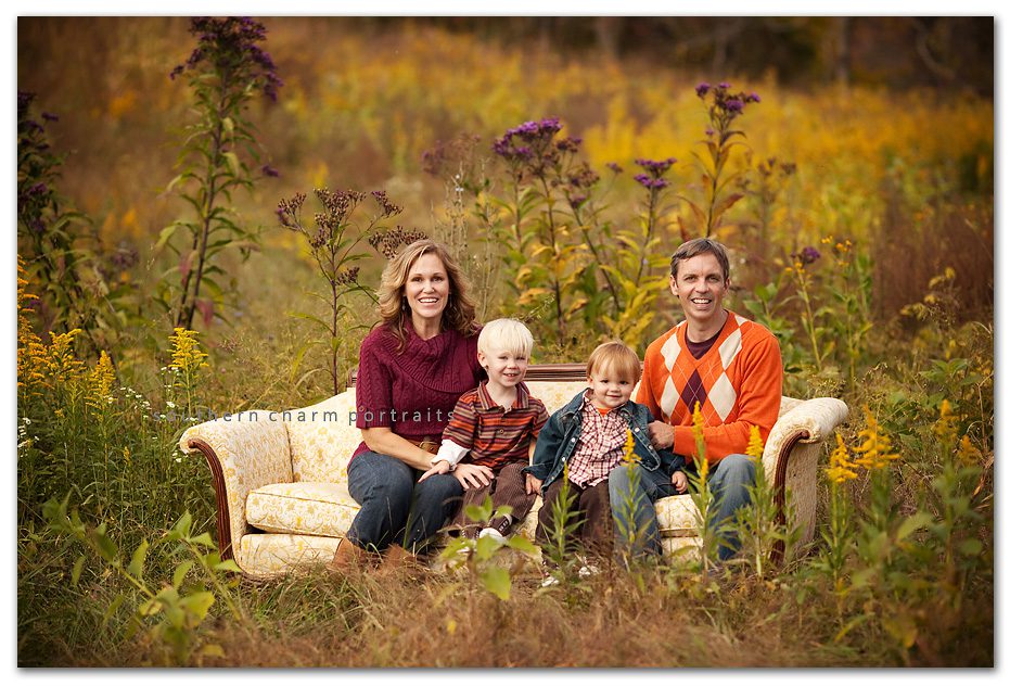 family portrait in fall sweaters and tones burgandy orange and brown