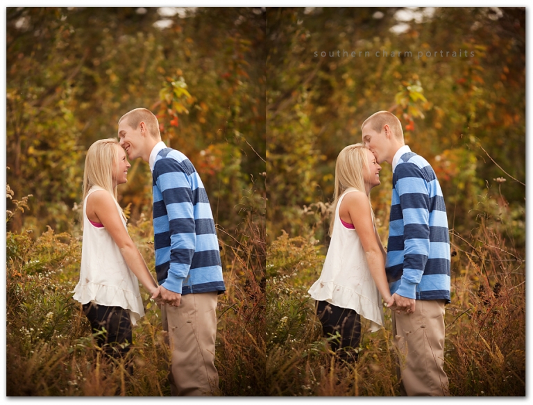 lovely couple showing affection towards each other at engagment session blue striped shirt with khakis