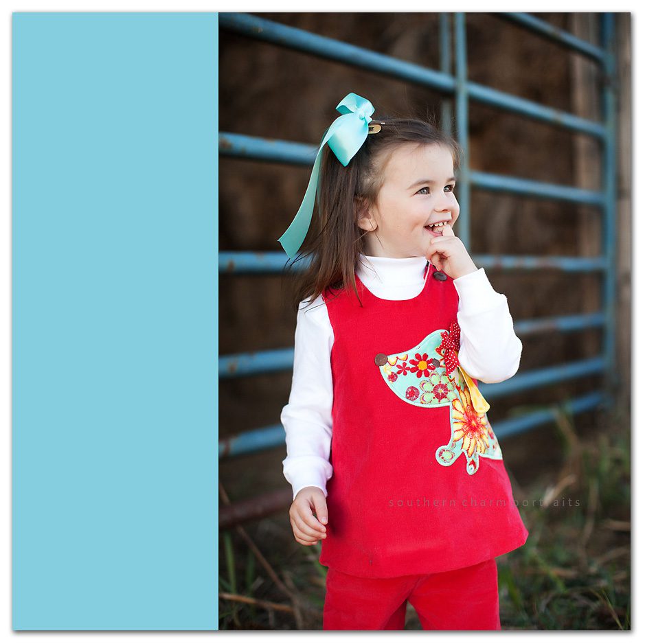beautiful young lady lindley with embroidered dog 2 piece outfit red with blue ribbon in front of barn with blue fence and hay