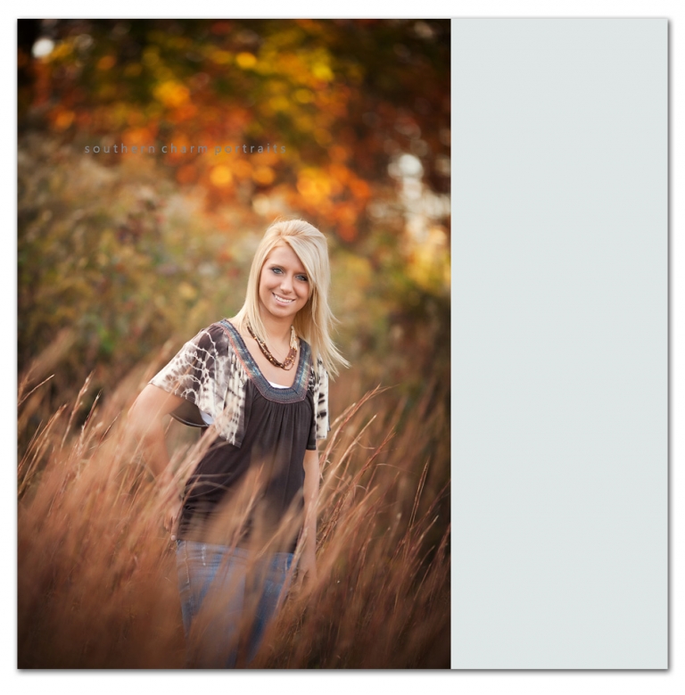 senior girl in field with warm brown tones all around blonde hair blue eyes