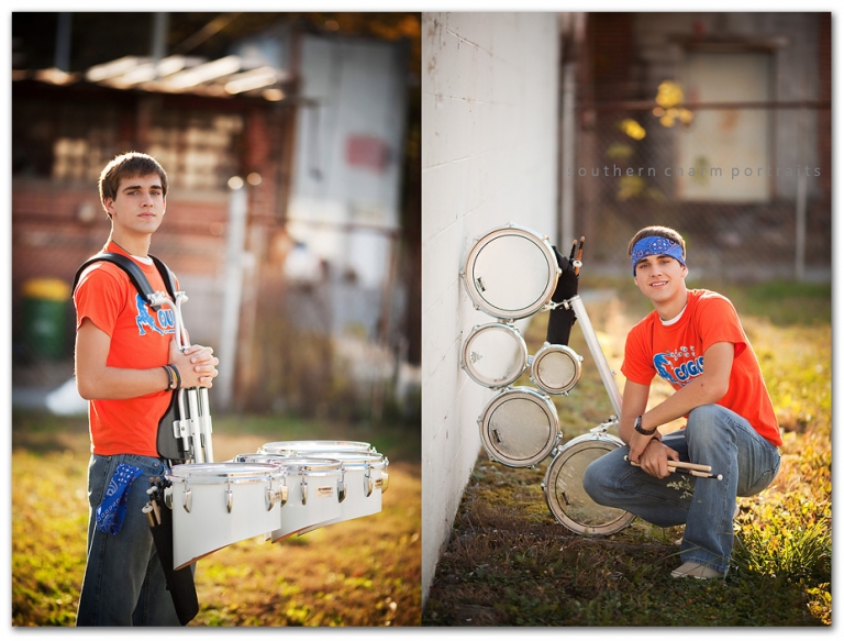 high school senior member of drumline with blue and orage bandana