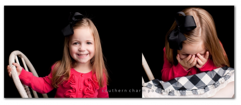 child sitting in white vintage chair in portrait studio