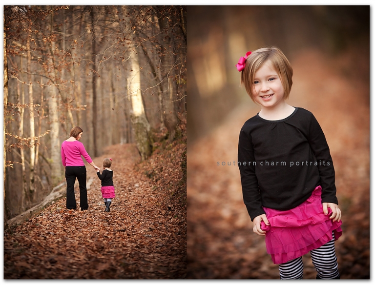mother and daughter walking through woods together