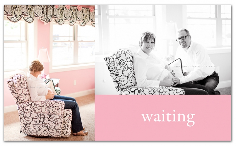 expectant parents in baby girls' nursery pink walls and black and white print fabric