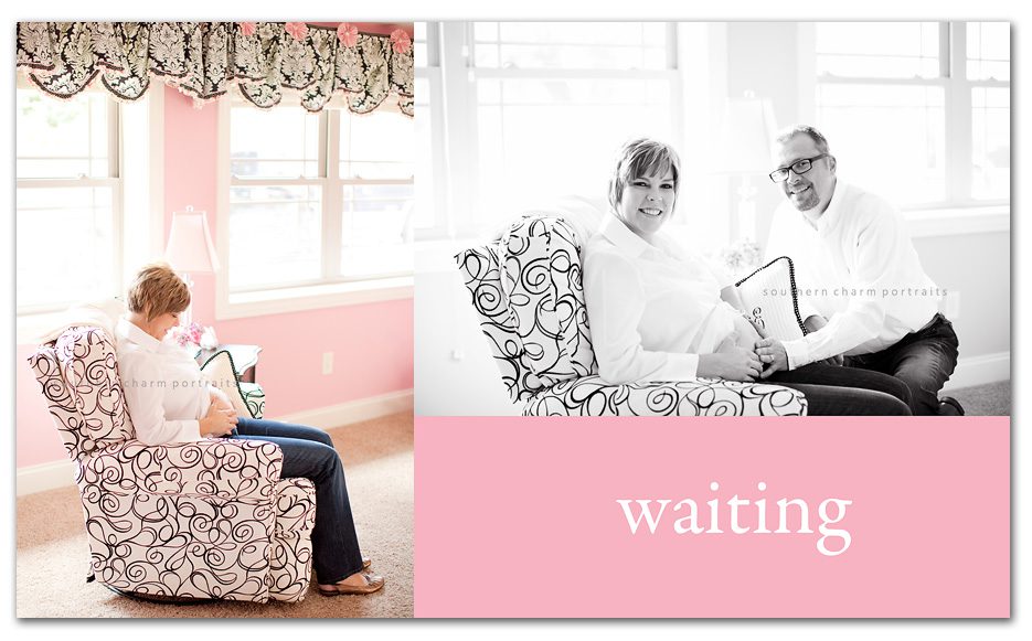 expectant parents in baby girls' nursery pink walls and black and white print fabric