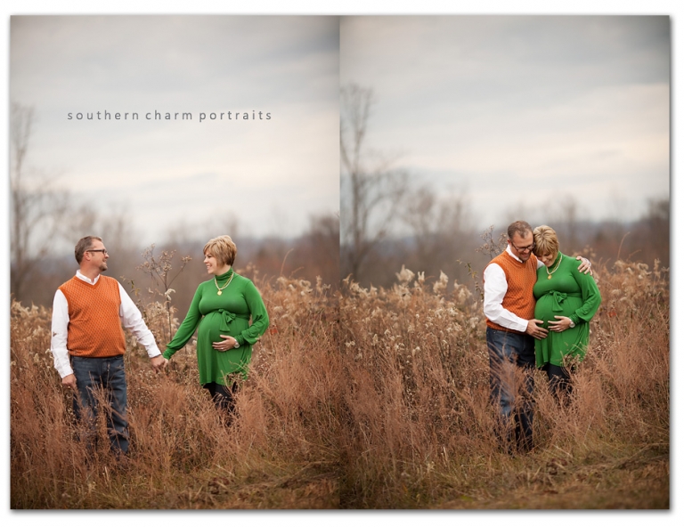 cloudy skies and expecting couple in field