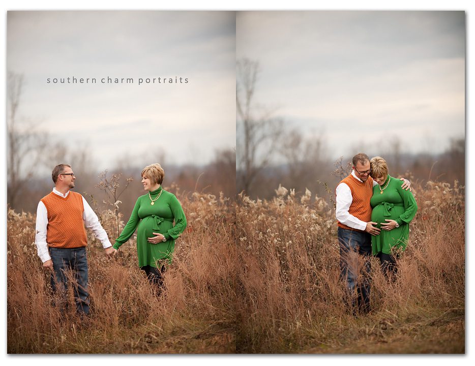 cloudy skies and expecting couple in field