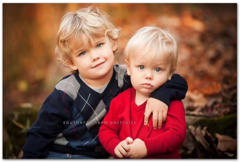 big brother with his arm around little brother portrait outdoors