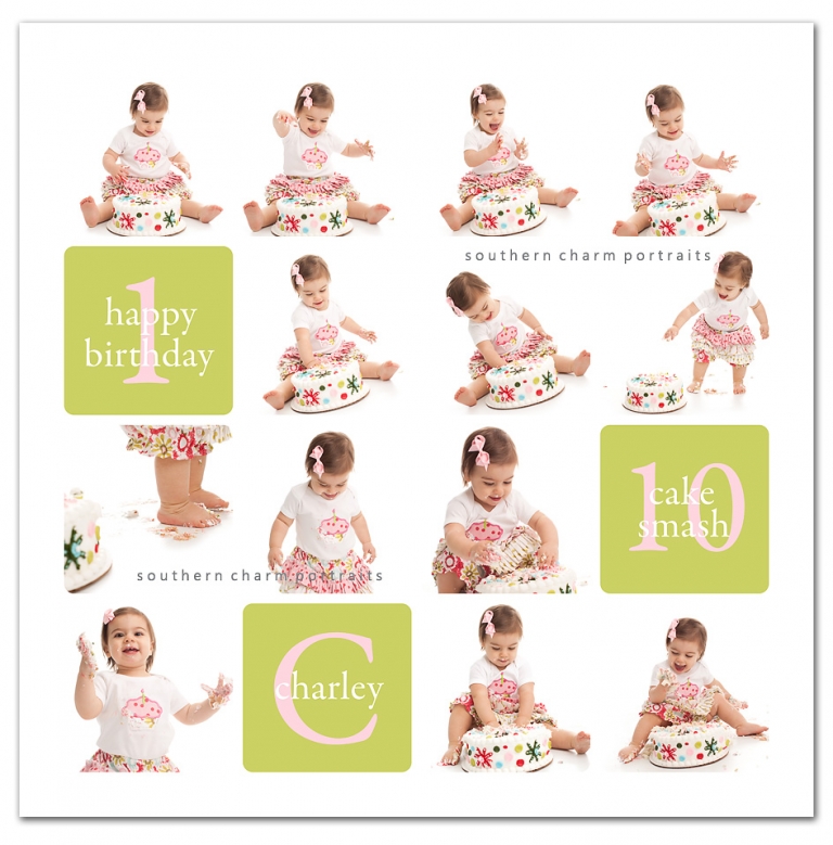 baby girl eating smash cake  on white backdrop in studio