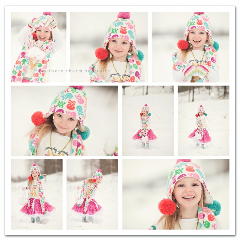 little girl standing in snowy field holding basket of snowballs