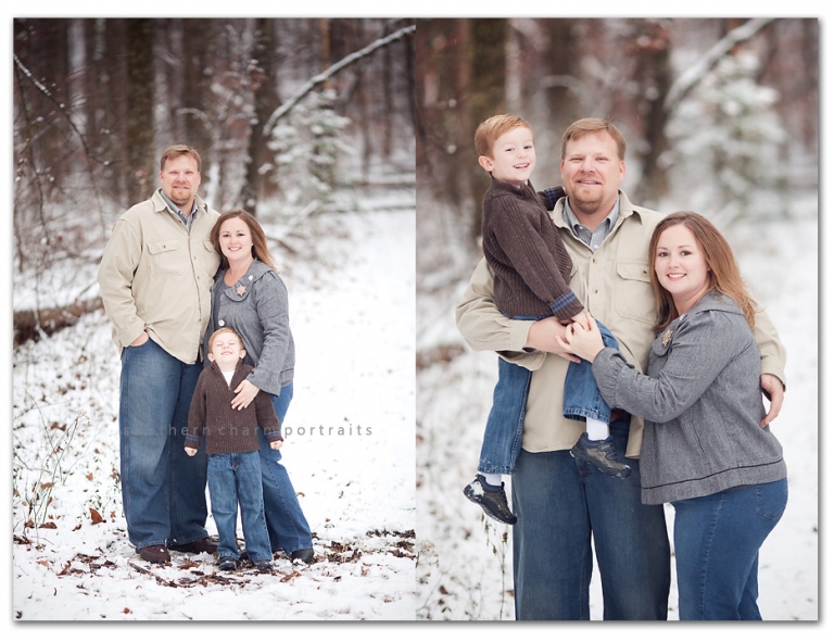 family of 3 in snow hugging and smiling together