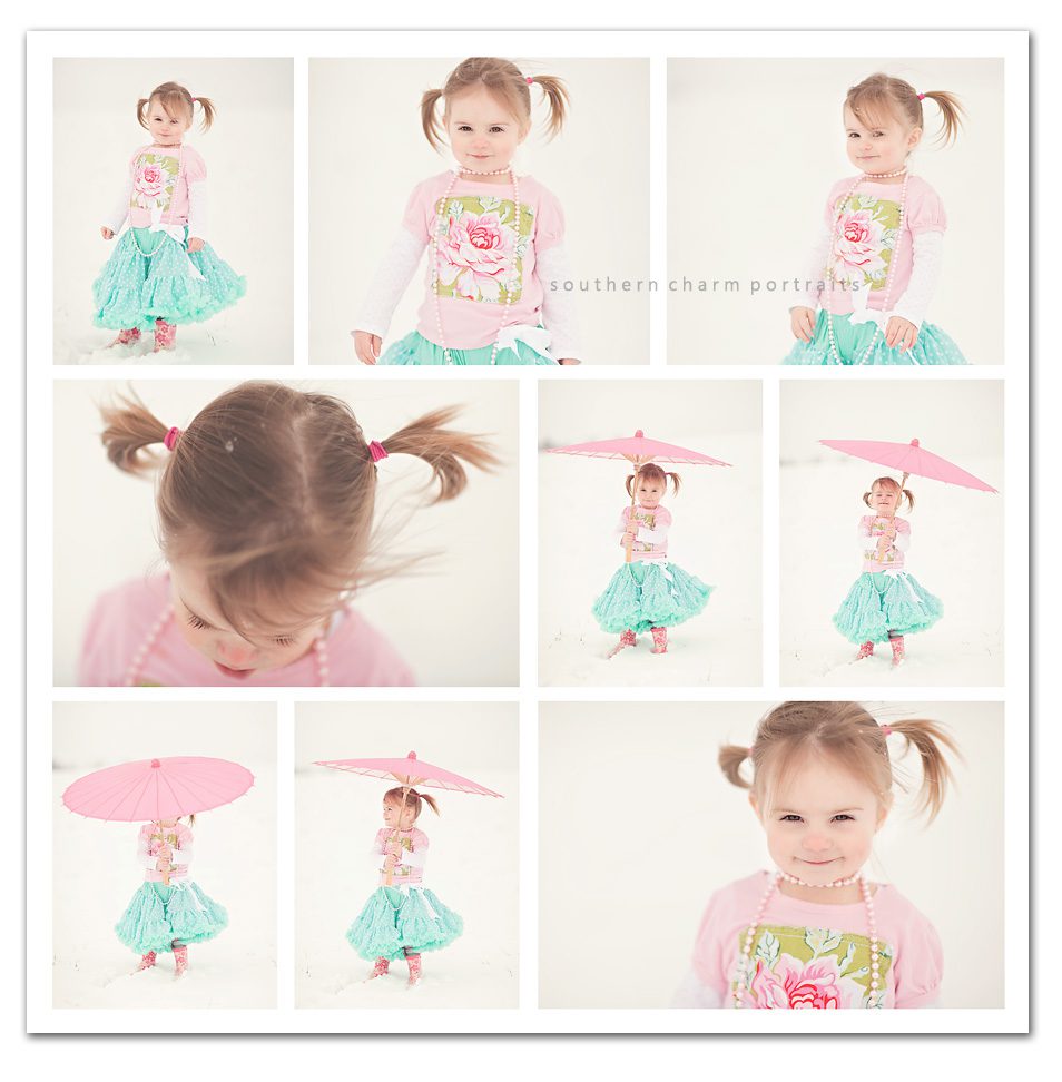 little girl in snowy field with a polka dotted pettiskirt and parasol