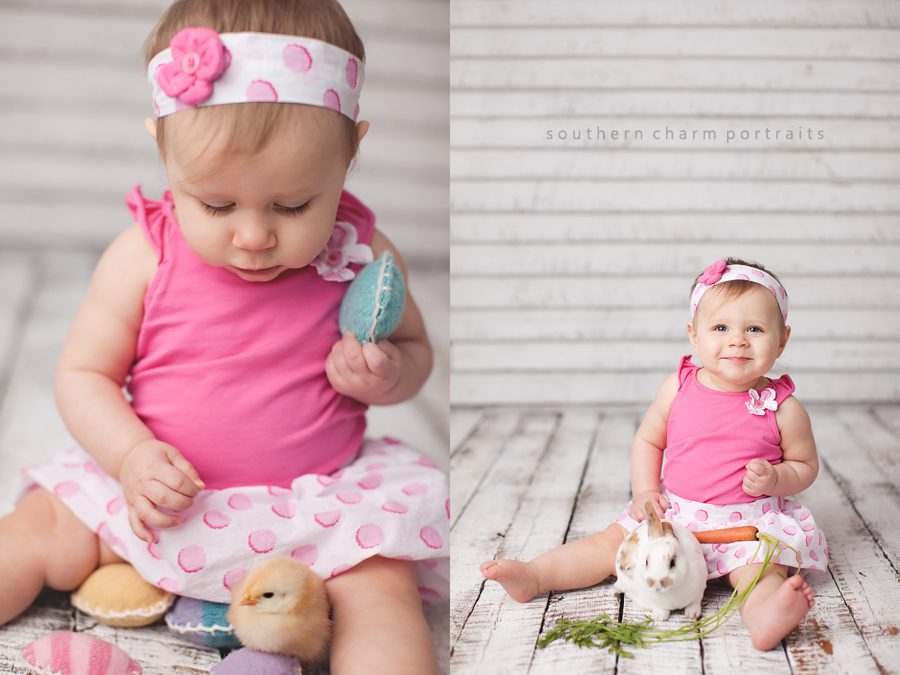 baby holding eggs and chick and bunny