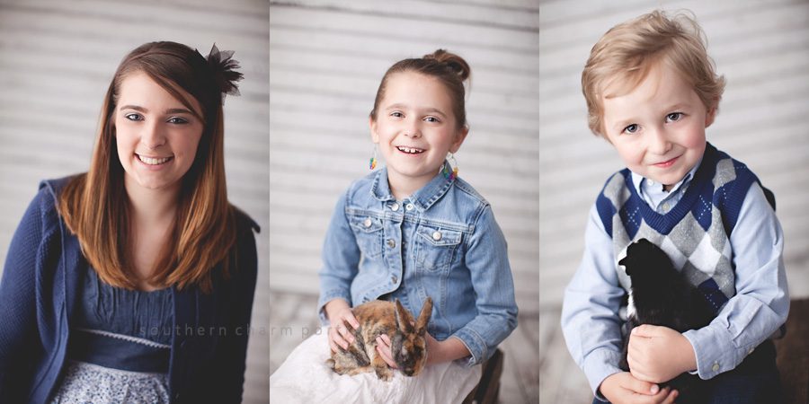 three siblings with easter bunnies