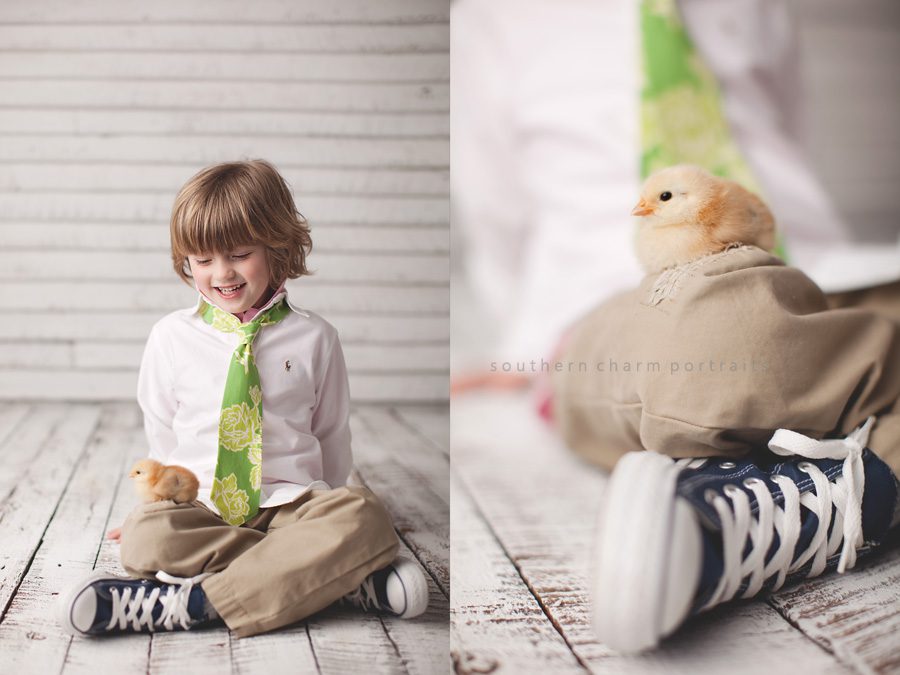 chick sitting on boys knee in portrait studio