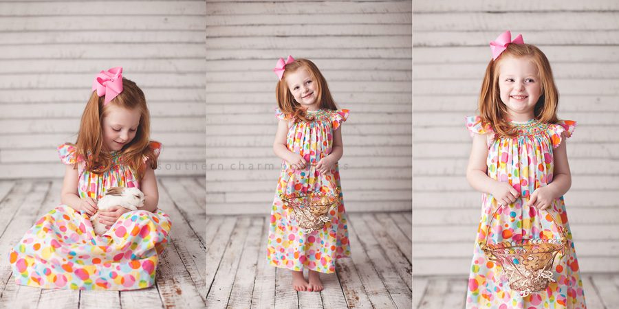 little girl with baby bunny and chick for easter portraits