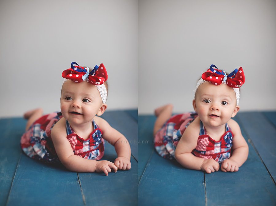 red white and blue outfit on baby girl in portrait studio