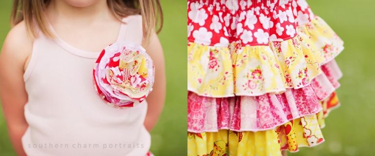 little girl modeling the polkadaisies ruffle skirt and flower tank